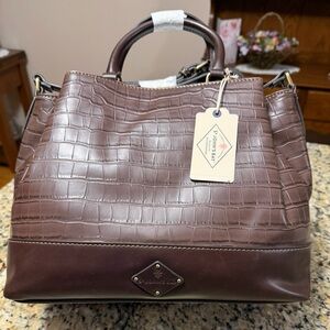 St. John’s Bay Stylish Brown Vegan Crocodile-Embossed Satchel - 10 x 17 x 4”